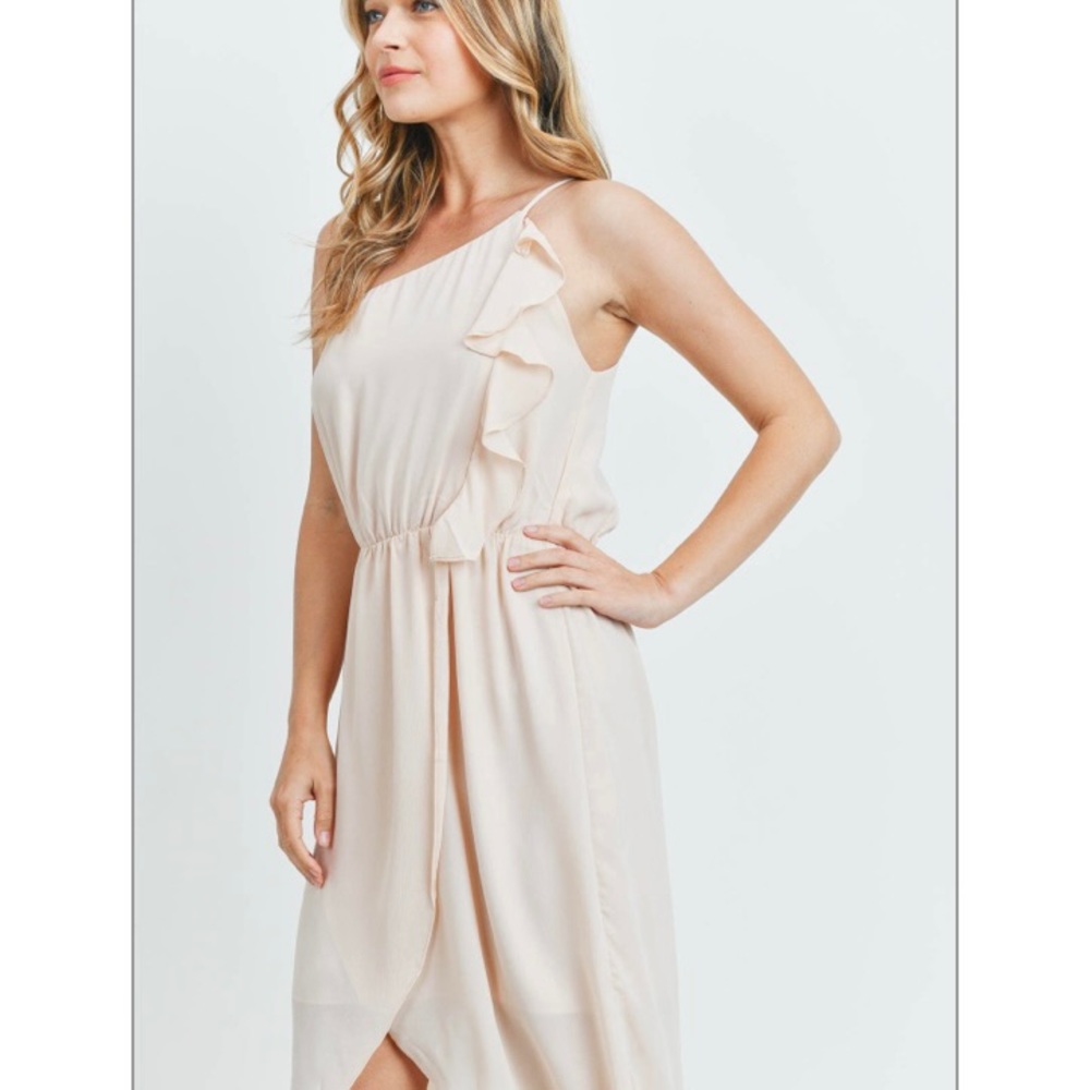 ONE SHOULDER RUFFLE WRAP CREAM DRESS - Picture 5 of 6